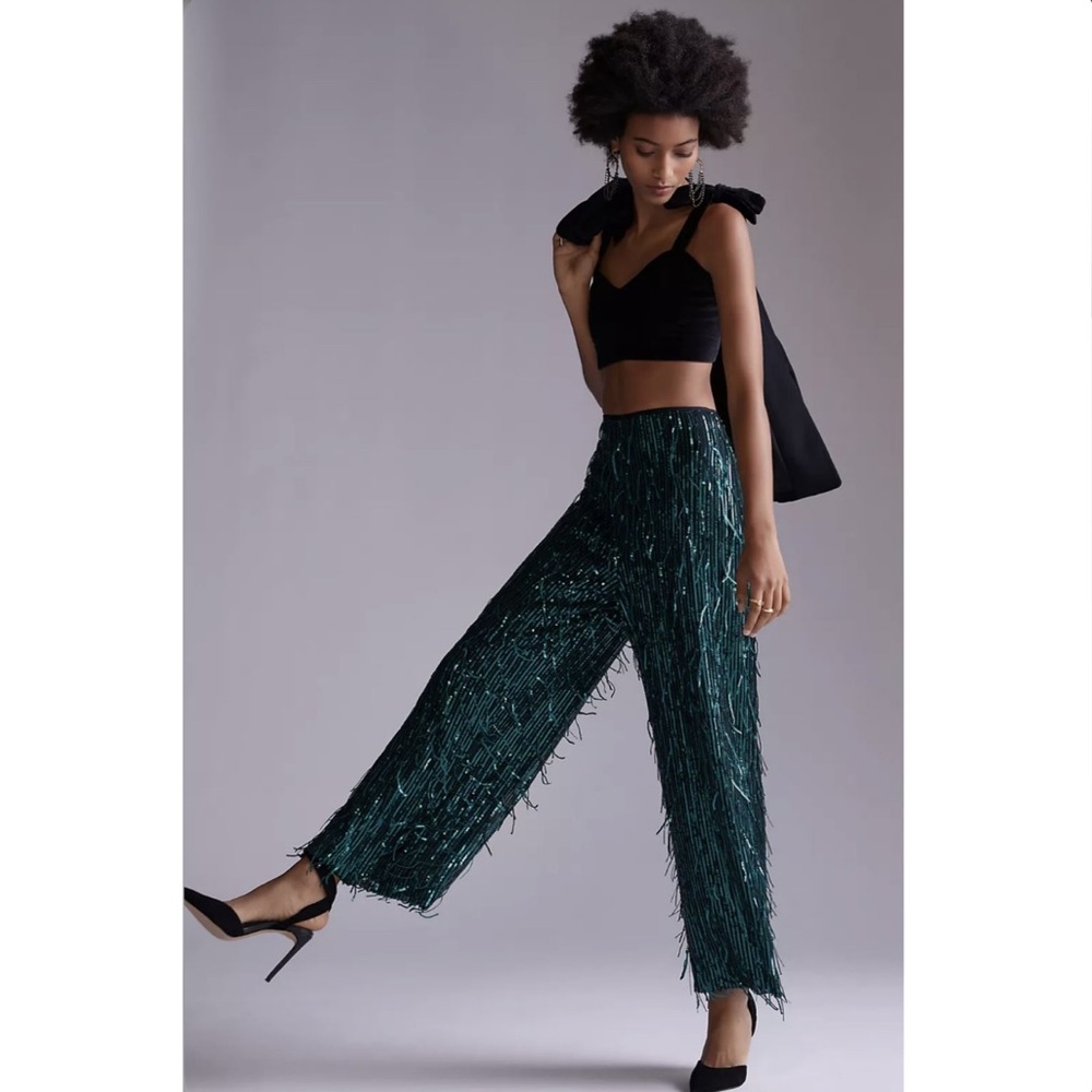 NEW Maeve by Anthropologie Fringed & Sequin-Embellished Trousers, Size 2P